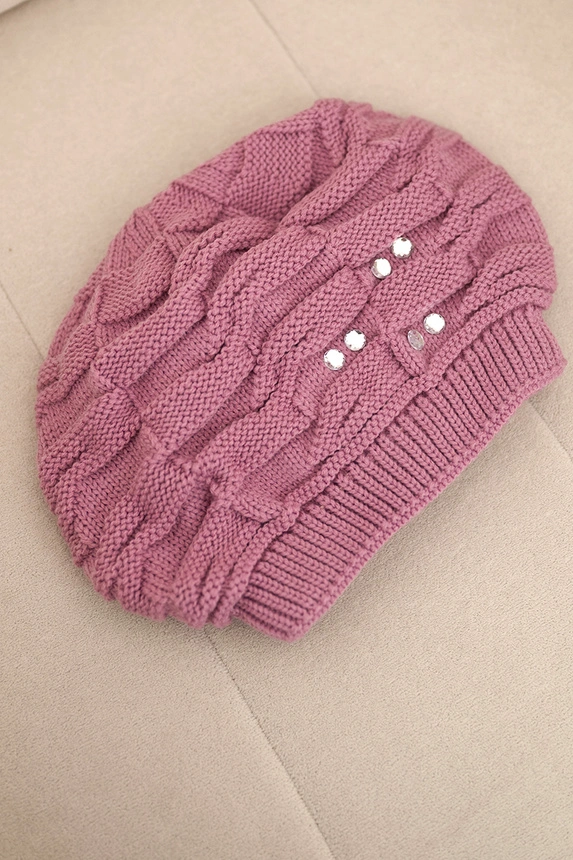 Women's wool winter hat with decorative crystals K399 purple