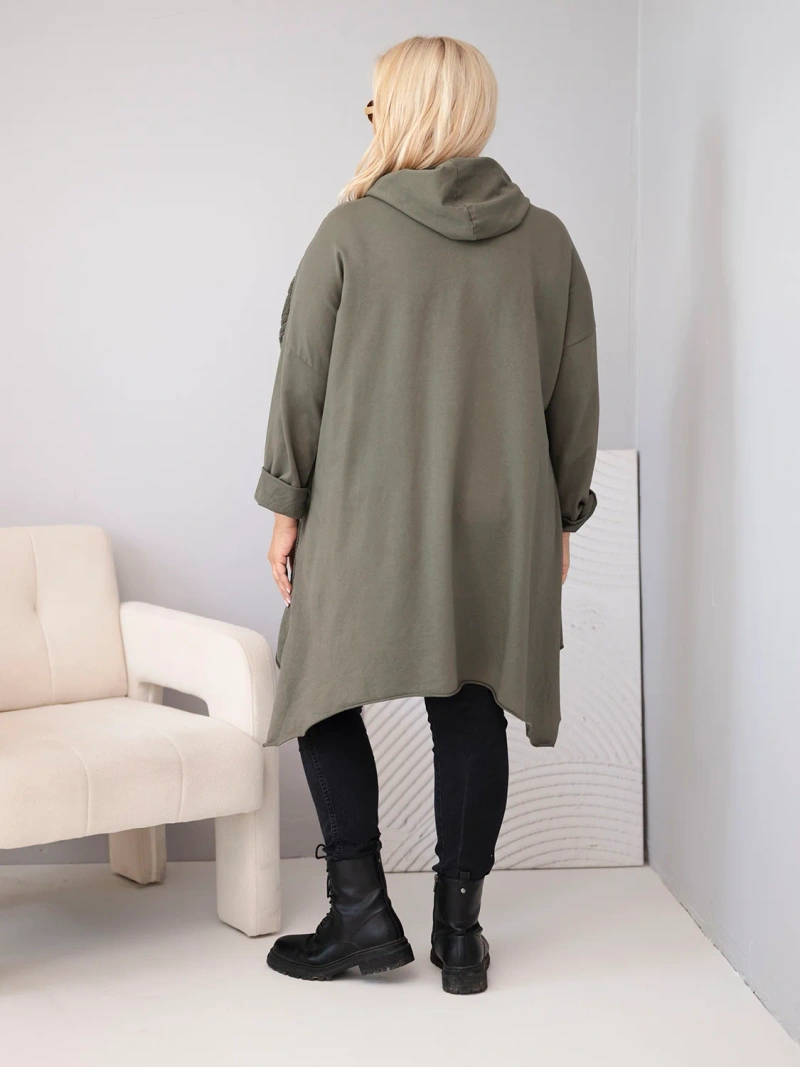 Dámská bavlněná mikina Plus Size s kapucí a pleteným panelem khaki