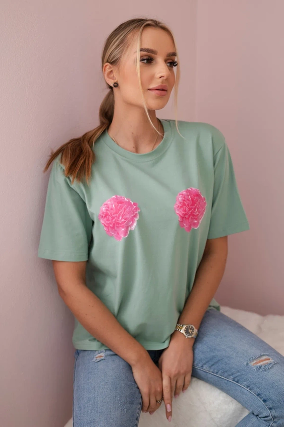 Baumwollbluse mit Blumenprint dunkle Minze