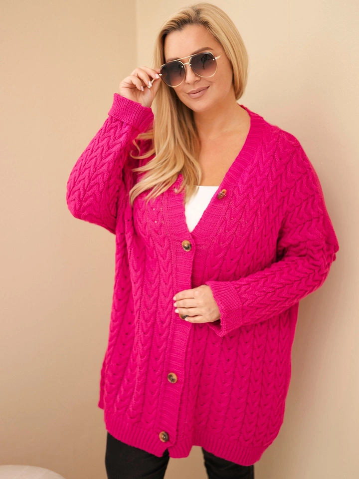 Dámsky kardigán Plus Size s gombíkmi a vrkočovým vzorom fuksia