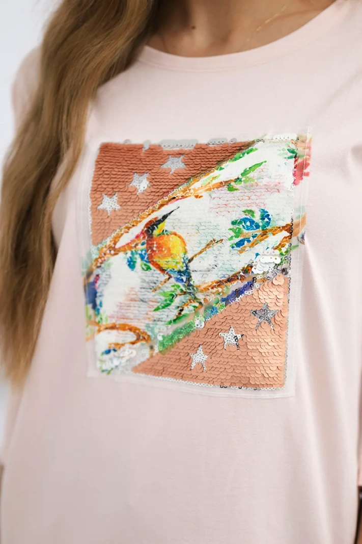 Blouse with graphics 3D Bird powdered pink