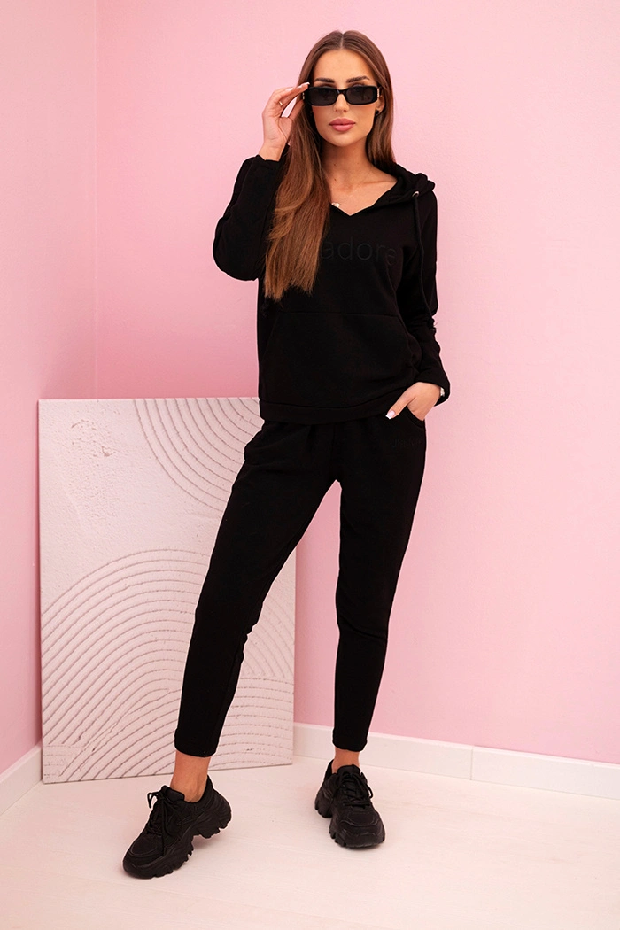 Women's cotton tracksuit set with a hood and print black