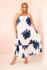 Women's dress with straps, ruffle, and floral print denim