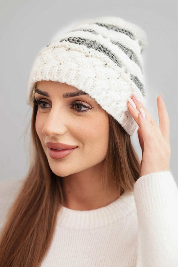 Women's winter hat with thick knit wool and stripes K465 ecru + graphite