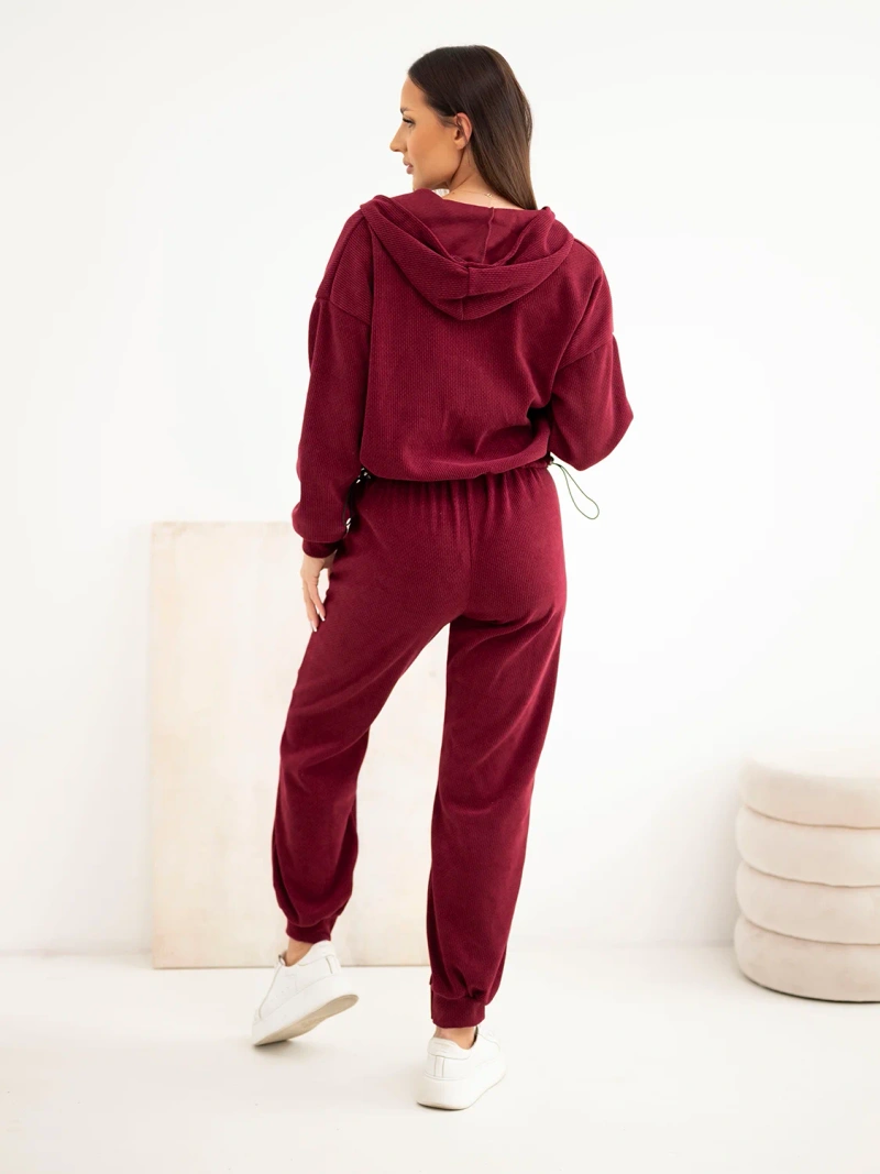 Damen-Viskose-Ripp-Set mit Kapuzenpullover und Hose bordeaux