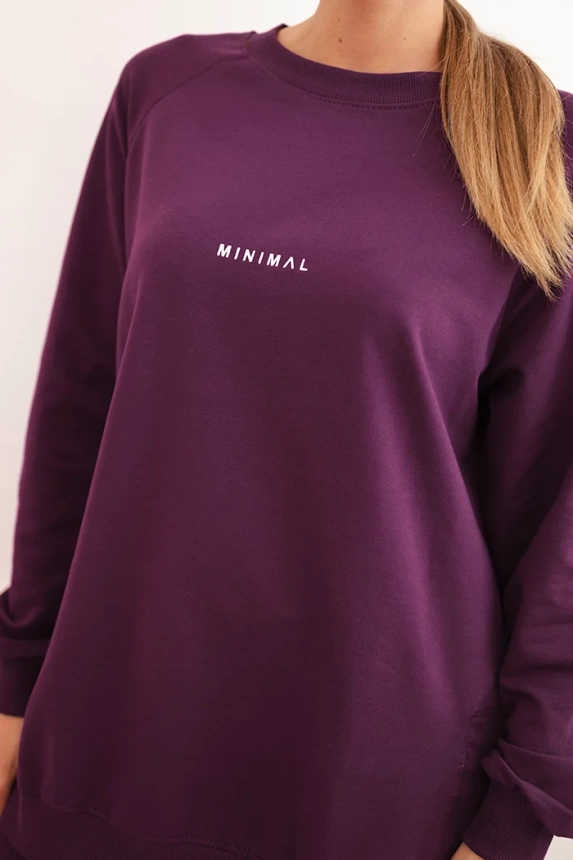 Komplet damski bawełniany bluza i legginsy z napisem Minimal śliwkowy