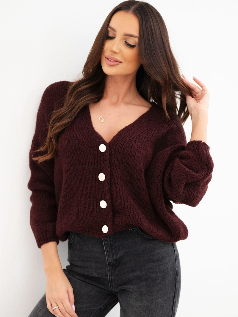 Women's sweater with a V-neck and buttons dark burgundy