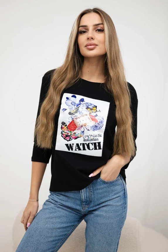 Bluse mit 3D Watch Grafik schwarz