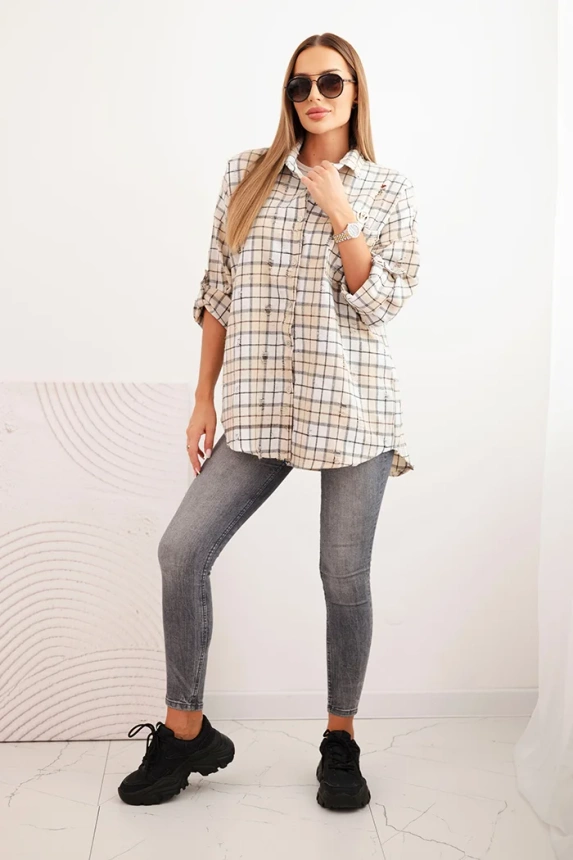Women's cotton checkered shirt with a distressed effect beige