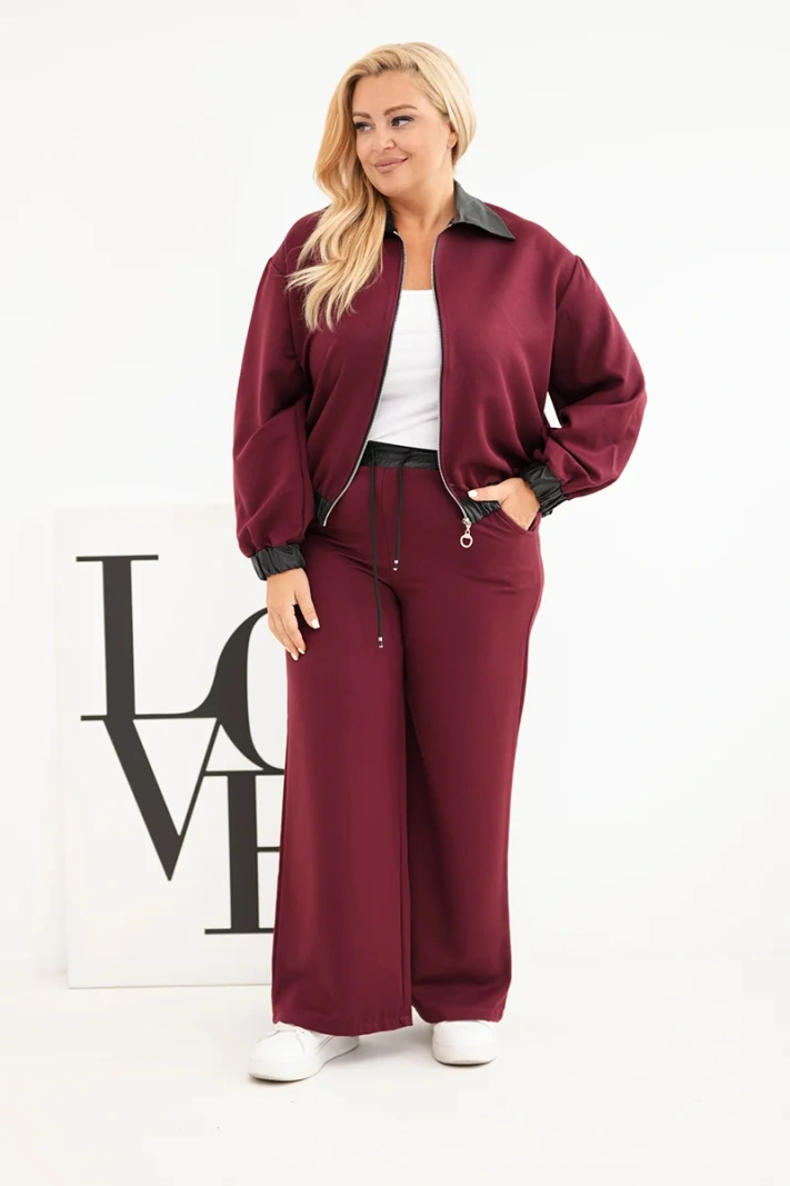 Damen-Set Plus Size mit Reißverschluss-Sweatshirt und weitem Hosen rotburgund
