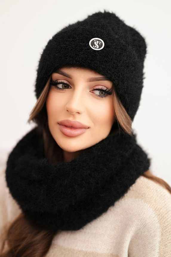 Women's set hat and winter fluffy scarf with decorative emblem black
