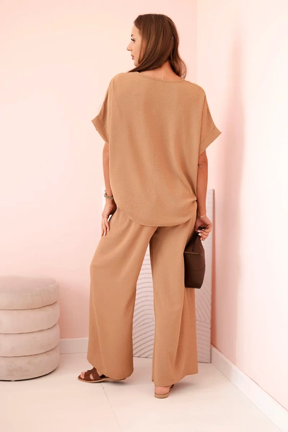 Women's viscose set with decorative flower and wide trousers - camel