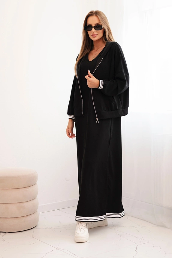 Damen Set aus Viskose mit offener Bluse und langem Kleid schwarz