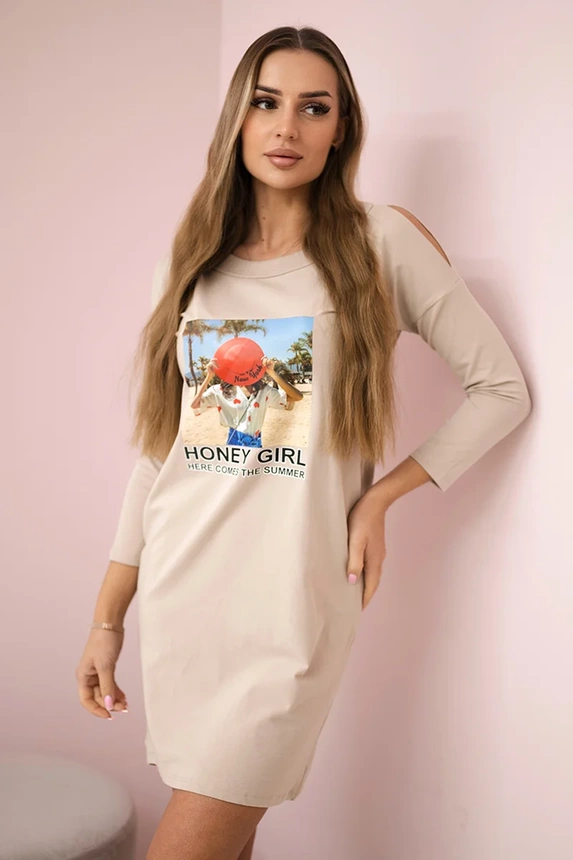 Honigmädchen Print Kleid beige