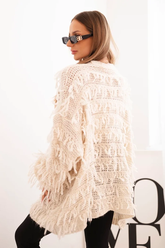Damenstrickjacke mit Fransen und lockerer Passform beige