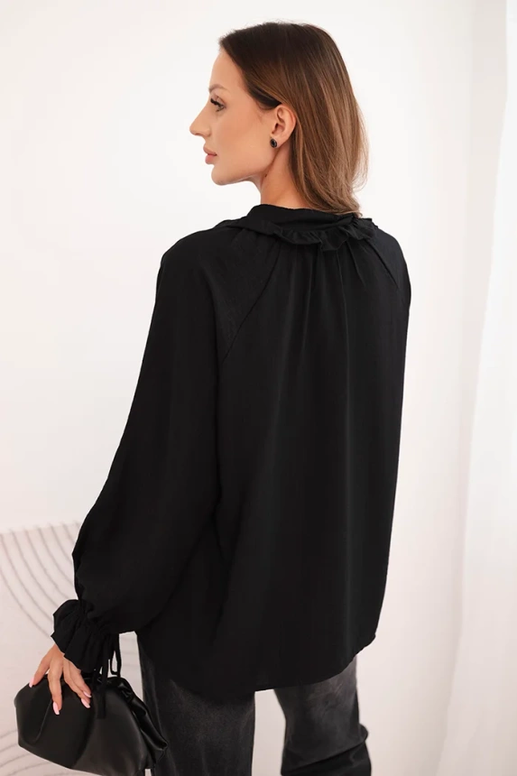 Women's viscose blouse with a V-neck and tie at the sleeves black