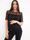 Damen Satin Viskose Bluse mit Spitze und kurzen Ärmeln schwarz