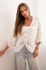 Women's summer openwork sweater with short sleeves and floral pattern ecru