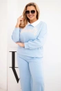 Komplet damski masełko Plus Size z szerokimi nogawkami i kołnierzykiem niebieski