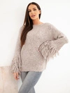 Damenpullover mit Fransen an den Ärmeln und rundem Ausschnitt dunkel beige