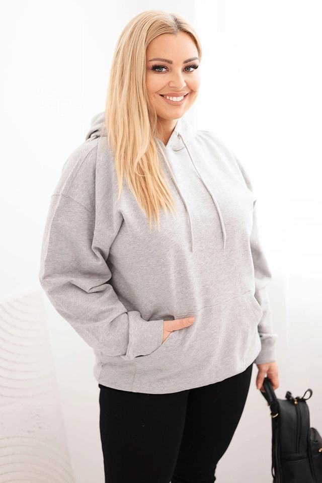 Bluza damska pętelkowa Plus Size bawełniana z kapturem i kieszenią kangurką szara