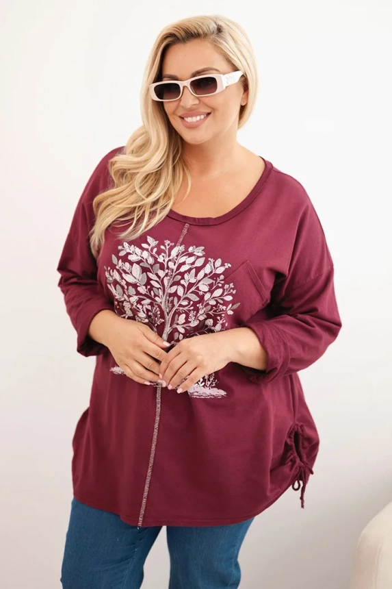 Dámska blúzka Plus Size bavlnená s potlačou stromu bordová