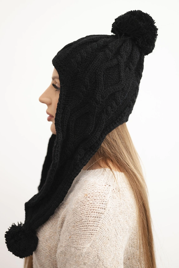 Women's winter wool hat with pom-poms and extended sides K448 black