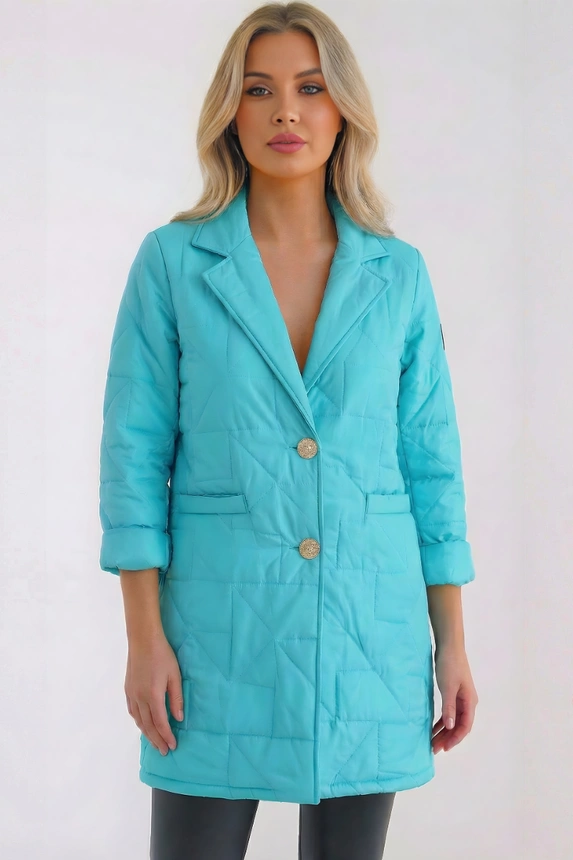 Dámská bunda Plus Size prošívaná s ozdobnými knoflíky a límcem jasno mentolová