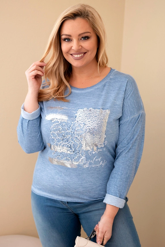 Dámska blúzka Plus Size s potlačou a dlhším zadným dielom, riflová