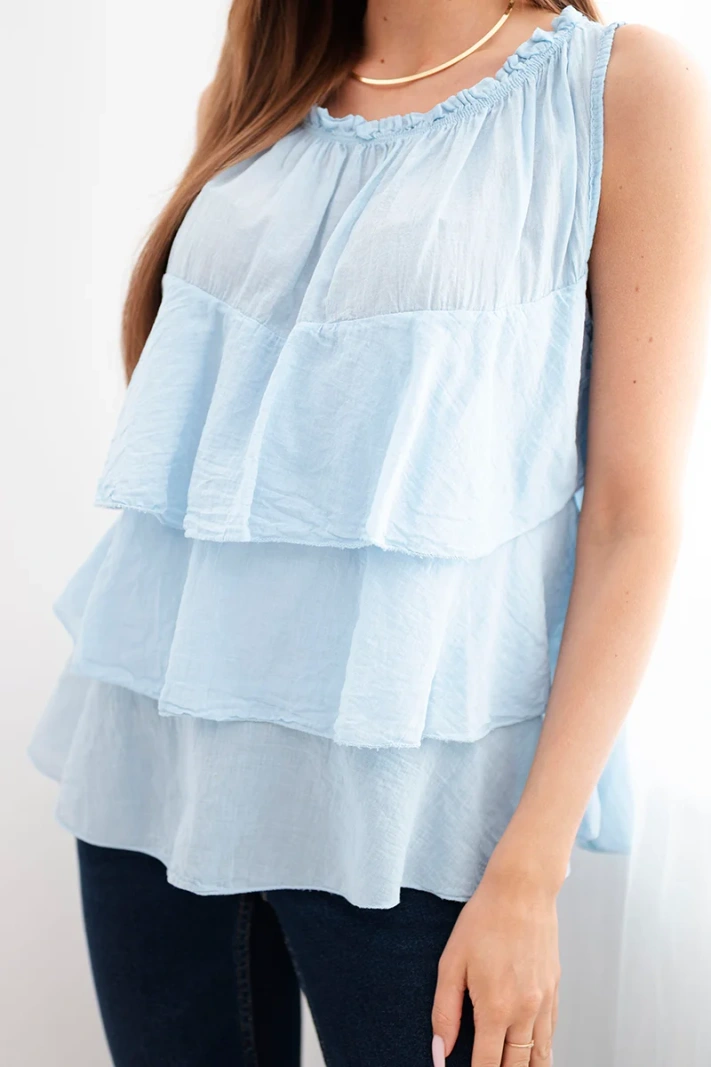 Women's cotton off-the-shoulder blouse with ruffles sleeveless blue