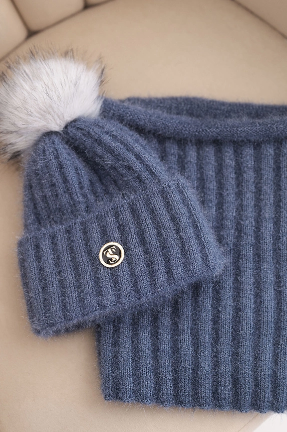 Women's winter set with pompom and denim scarf, blue
