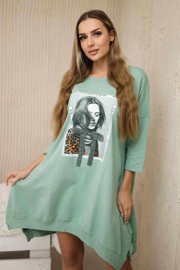 Kleid mit Druck und ausgestelltem Unterteil dunkel mint