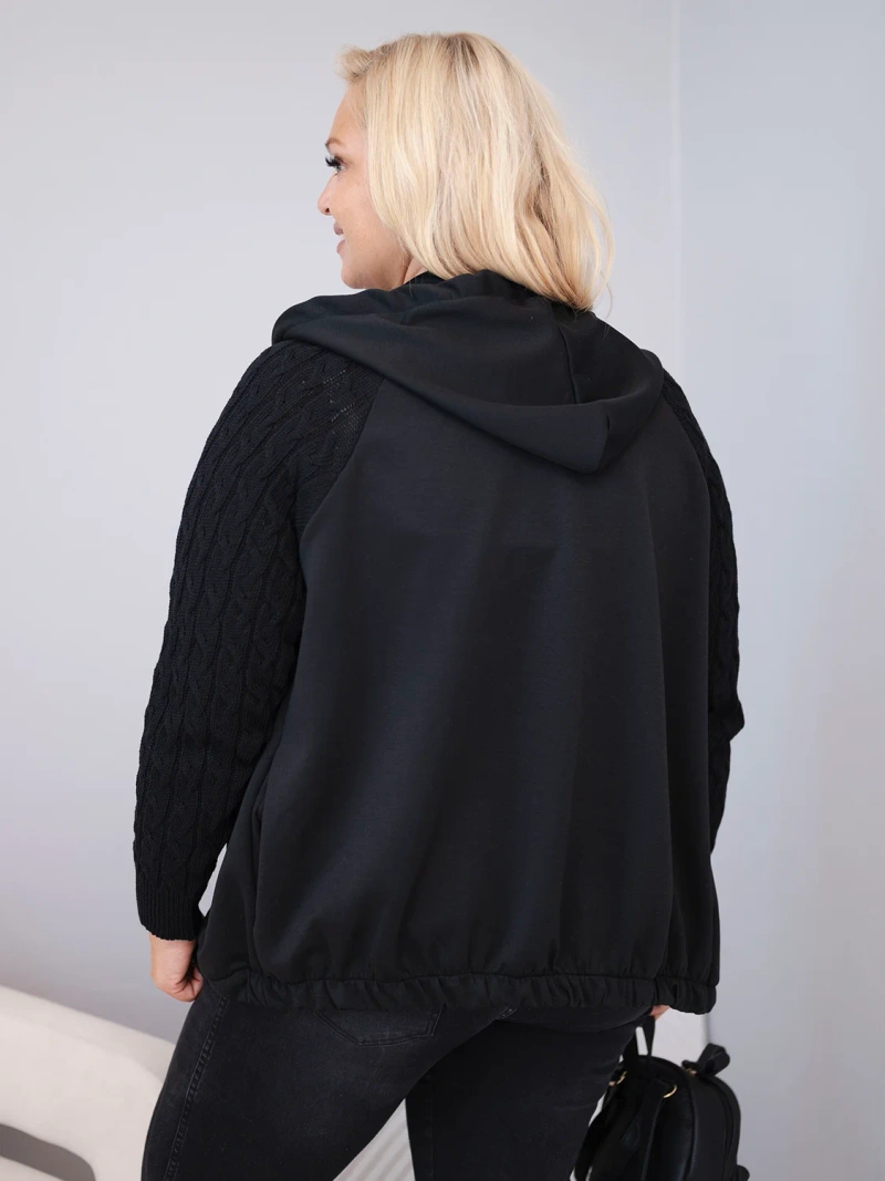 Dámska bavlnená mikina Plus Size so svetrovými rukávmi a kapucňou čierna
