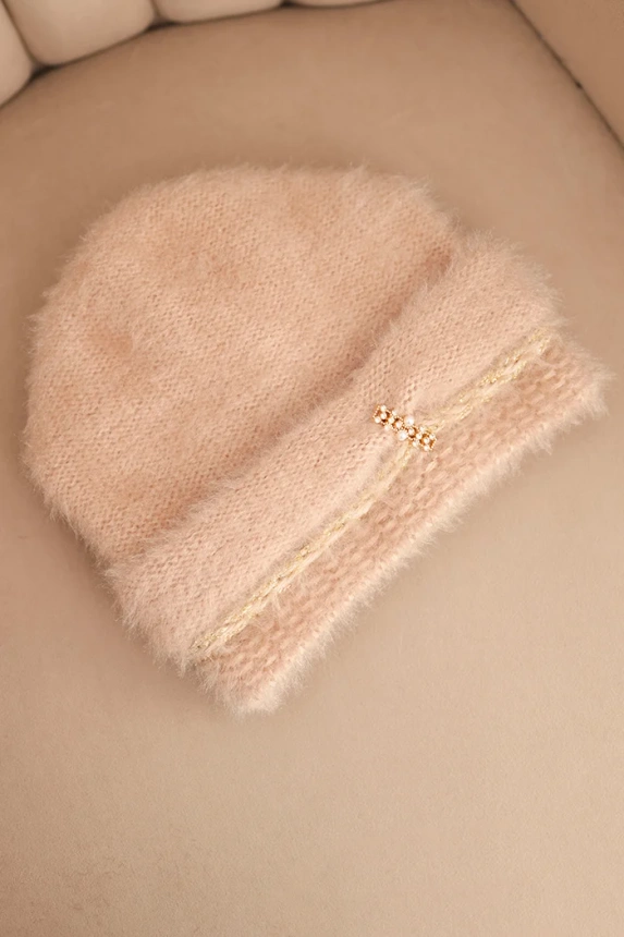 Women's winter fluffy hat with pearls and decorative weave beige