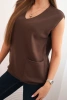 Women's sleeveless viscose sweater with pockets and V-neck brown