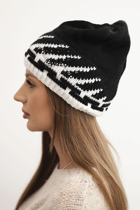 Women's winter wool hat with geometric pattern and studs K469 black