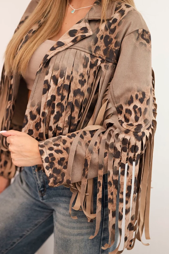 Damenjacke aus Wildleder mit Fransen in Leopardenmuster fango