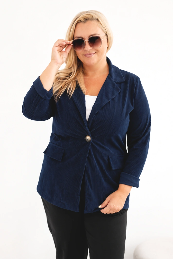 Women’s Plus Size Corduroy Blazer with Lapels and Pockets navy blue