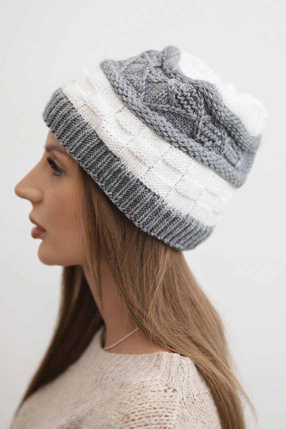 Women's winter wool hat with decorative weave K446 white + gray