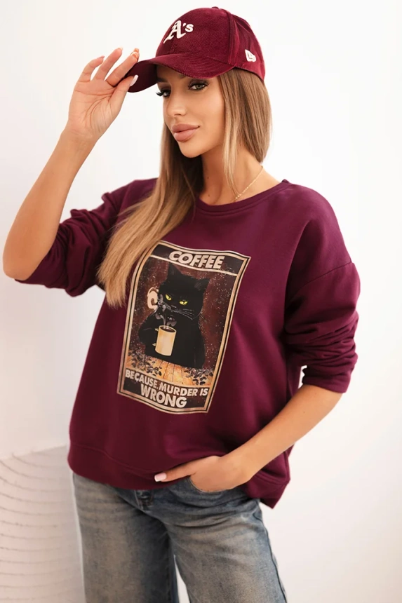 Women's cotton sweatshirt with a cat print and text plum