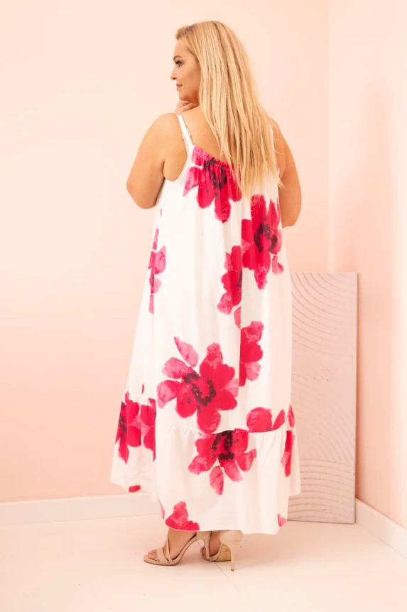 Women's dress with straps, ruffle, and floral print pink