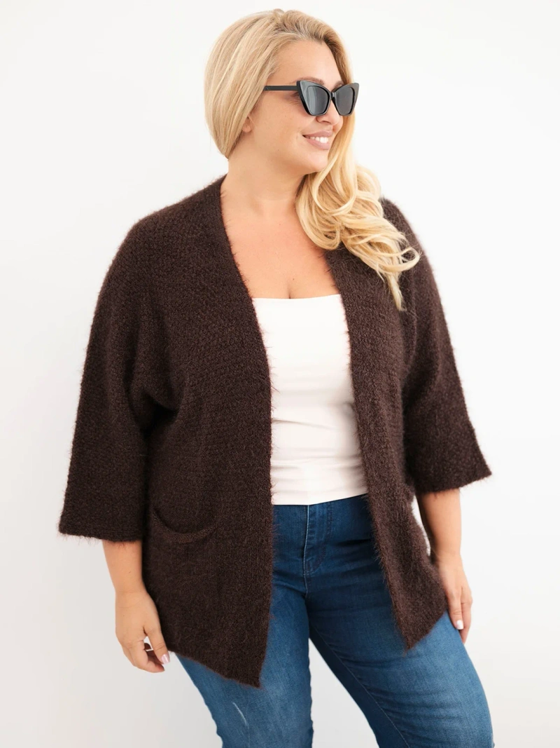 Dámský svetr Plus Size s kapsami bez zapínání hnědý