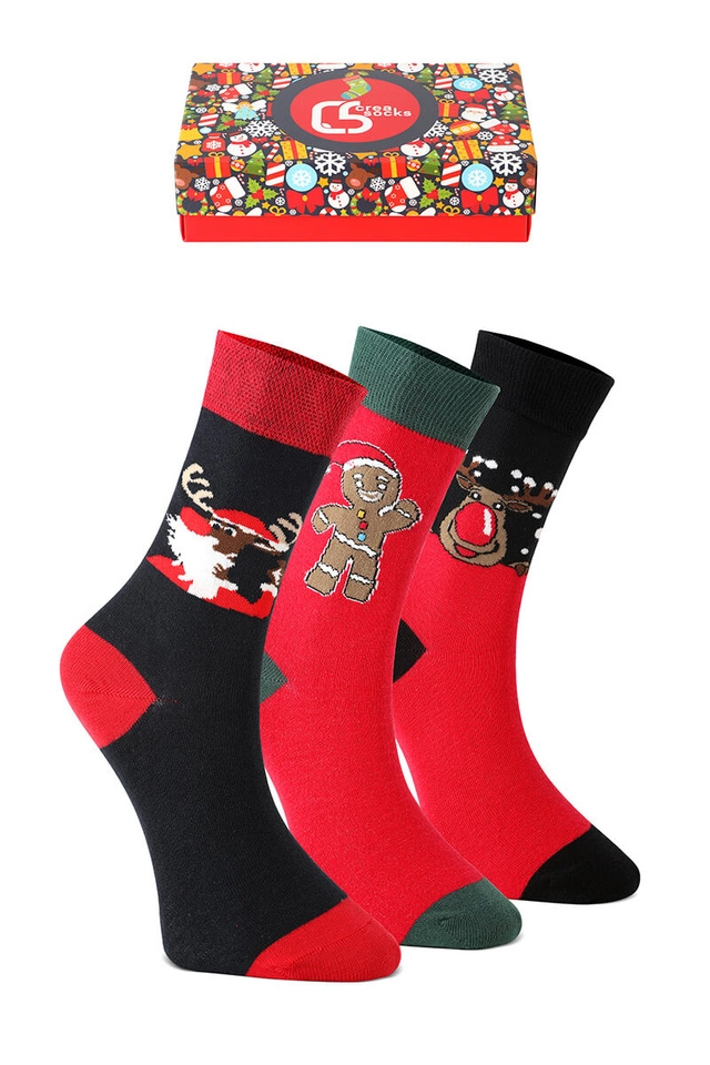 Unisex Weihnachtsstrümpfe als Geschenk – Set mit 3 Paaren Rentier, Plätzchen und Nikolaus
