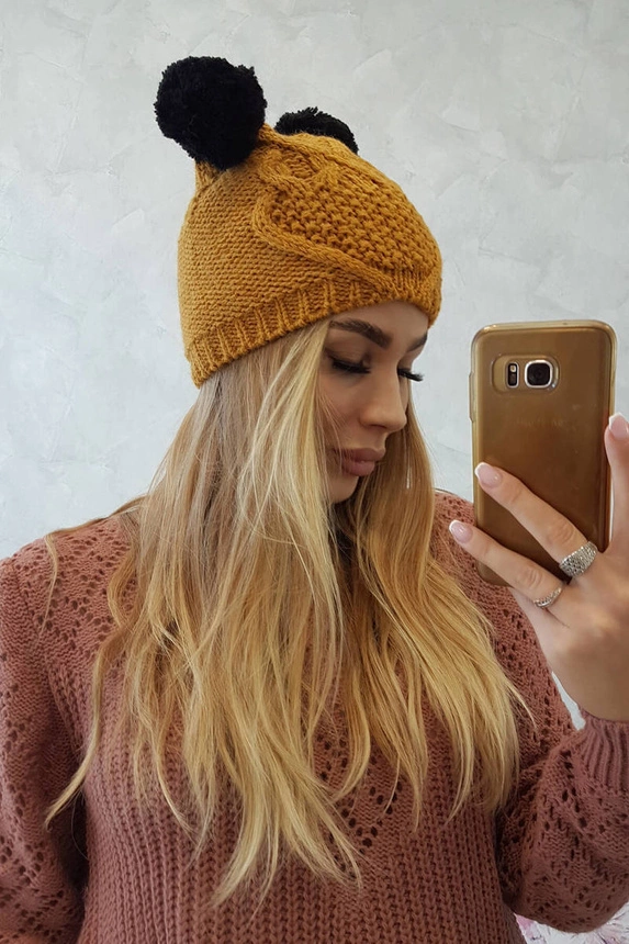 Fleecemütze 2 Bommeln K291 senf