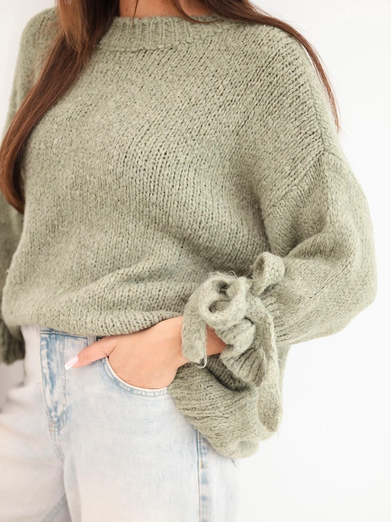 Dámský oversize svetr se zavazováním u rukávů khaki