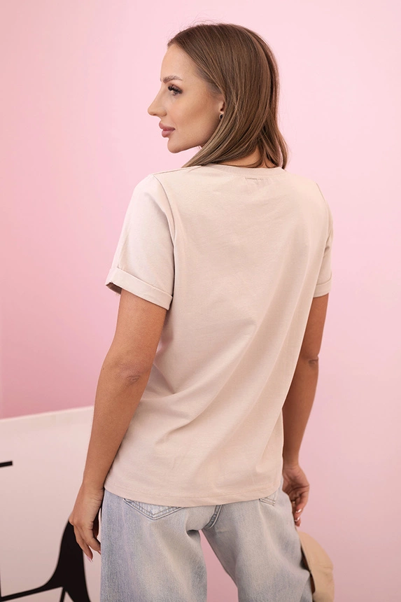 Ladies' cotton short-sleeve blouse with a colorful print beige