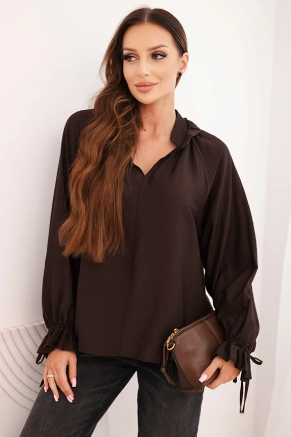 Women's viscose blouse with a V-neck and ties at the sleeves brown