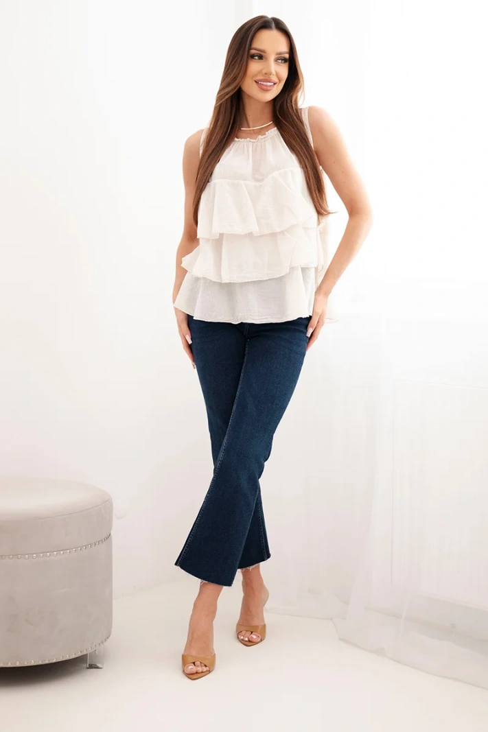 Women's cotton off-the-shoulder blouse with ruffles sleeveless beige