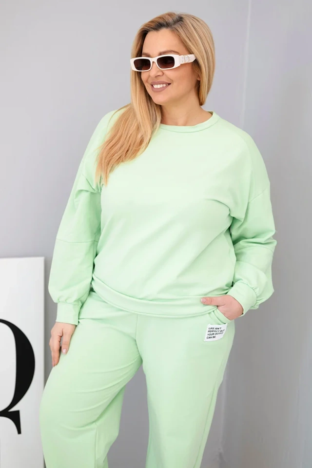 Women's Plus Size cotton set with a loose sweatshirt and wide-leg pants pistachio