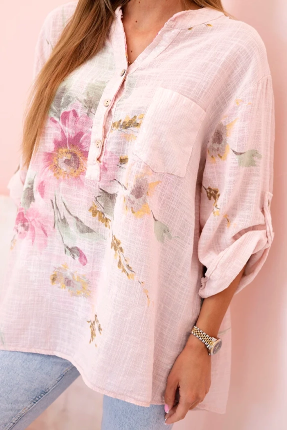 Damenbluse aus Baumwolle mit Blumenmuster und Knöpfen puderrosa